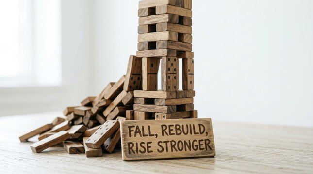 Wooden domino tower about to fall with inspirational message