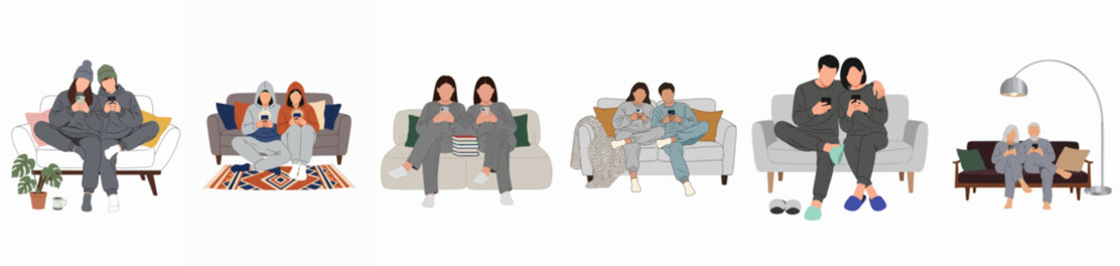 Fototapeta premium Set of diverse couples and people of different ages sitting on sofas and armchairs using their smartphones in a cozy home environment.