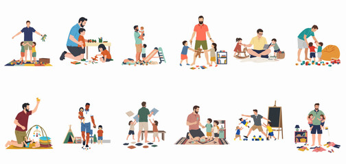 Fototapeta premium Set of flat illustrations depicting various fathers bonding, playing, and caring for their young children in diverse home-based activities and everyday moments.