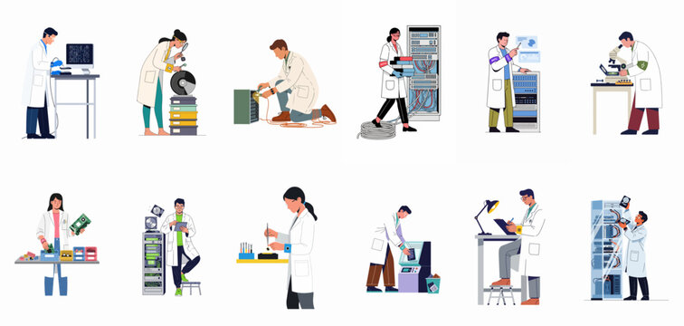 Illustration set of technicians and engineers in lab coats repairing hardware, managing servers, and performing digital forensics and electronic research