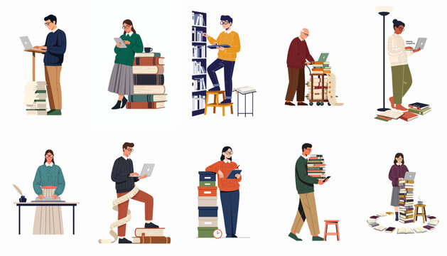 Flat illustration set of diverse people researching, studying, and working with books and laptops in a library or academic environment.