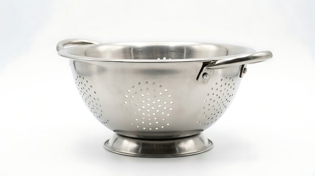 Shiny Stainless Steel Colander with Handles on White Background