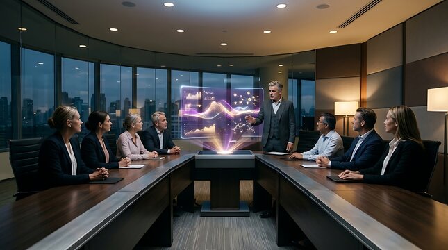 Business leaders analyze a holographic data projection in a boardroom