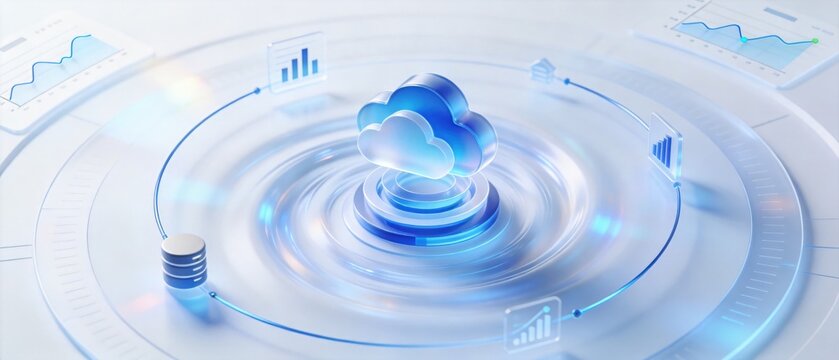 Modern cloud computing platform with data analytics dashboard, connected database ecosystem and business intelligence visualization, futuristic 3D technology background
