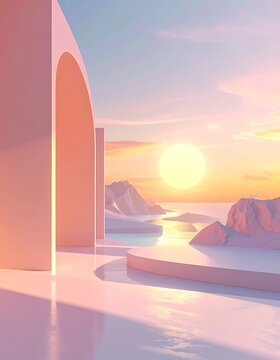 Serene Landscape with Arch and Sunset.