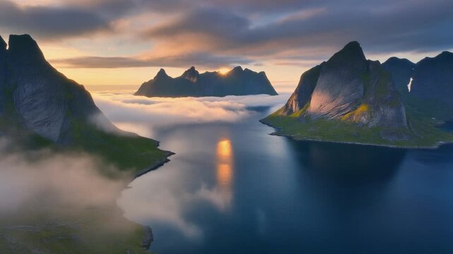 Breathtaking aerial view of Norway's Lofoten Islands. Dramatic mountain peaks rise above a serene fjord and low-hanging mist, illuminated by the warm, golden glow of a stunning sunset.