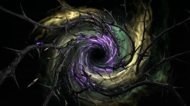 Dark Fantasy Thorn Vortex with Purple Plasma and Green Swirling Energy Background