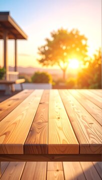 Wooden table top at sunset outdoors.