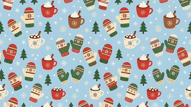 Cozy winter seamless pattern with mittens hot chocolate and trees