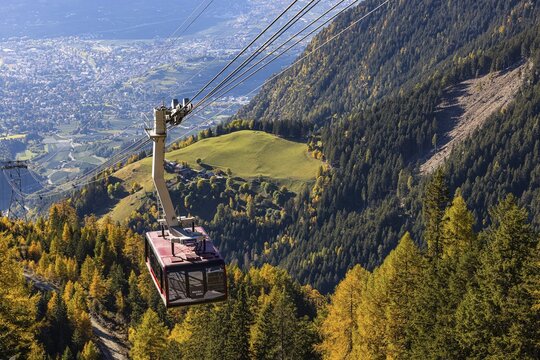Merano 2000 mountain railway, near the summit station, below the spa town of Merano, South Tyrol, Italy