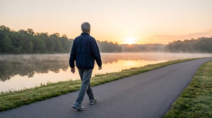 Obraz premium Active senior man walking on paved path along a peaceful lake during a misty sunrise