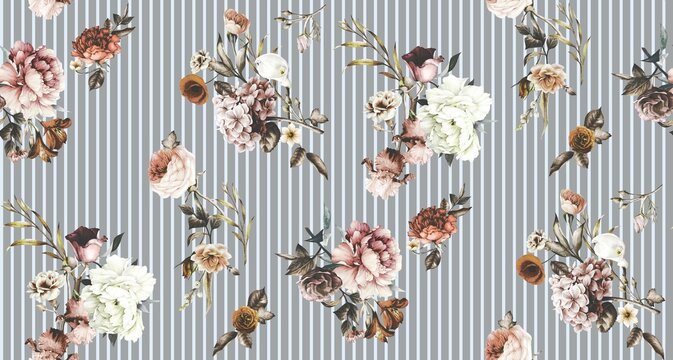 Classic vertical pinstripe rose floral seamless pattern for digital textile printing. Vintage hand-painted brown blossom bouquet on grey striped background for elegant apparel.