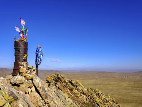 Khatas, prayer flags mark a summit and holy place, T&ouml;w Aimag, T&ouml;w province, Mongolia