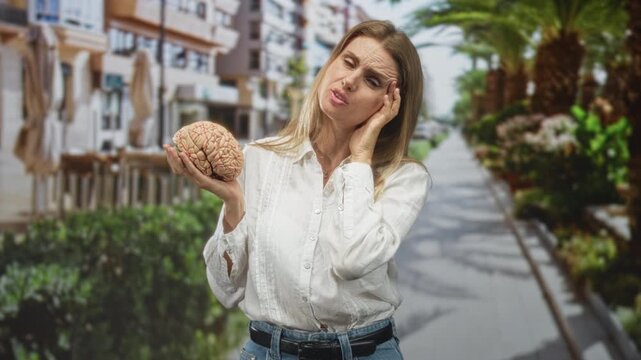 Woman holding brain and touching temple on a street promenade lined with palm trees and sidewalk cafes; confusion thought headache.