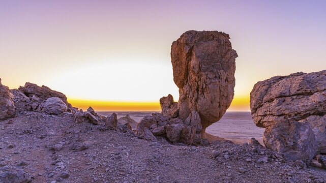 Striking rock formation in the Huqf stone desert at sunrise, Arabian Peninsula, Sultanate of Oman