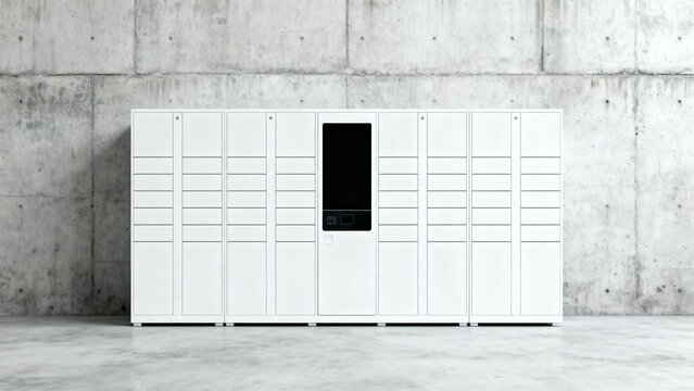 Modern white smart parcel locker terminal with black screen mock up against concrete wall, 3D render