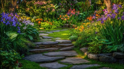 Obraz premium Stone pathway through lush English cottage garden in golden hour sunlight.