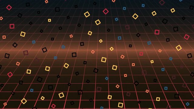 Colorful diamonds floating above a red grid in a dark digital landscape