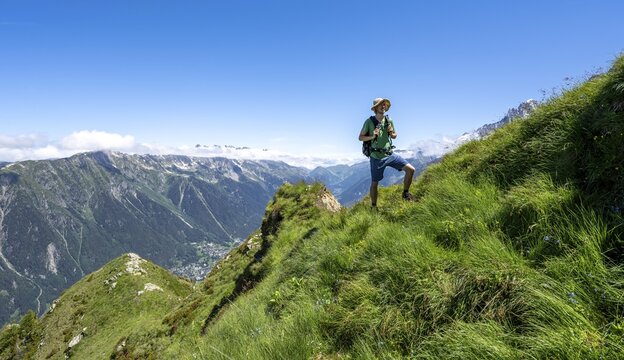 Mountain landscape, Hiking trail on a mountain ridge with meadow, Hiking trail La Jonction, Chamonix, Haute-Savoie, France