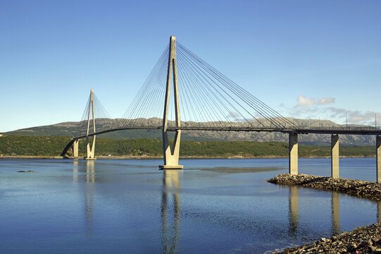 Long bridge over a fjord, Sandnesssjoen, Helgelandsbrua, FV 17, Kystriksveien, Nordland, Norway