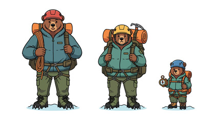 Naklejka premium Three bears dressed as hikers with backpacks and climbing gear, representing different sizes and stages of a journey.