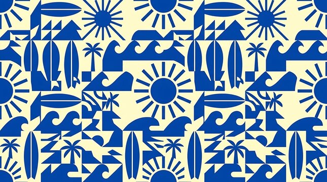 Geometric blue surf pattern with sun waves and palm trees