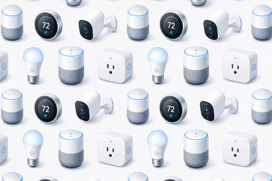 Vector icons of smart home devices arranged in a repeating geometric pattern with subtle gradients and soft shadows evoking modern connectivity and efficiency