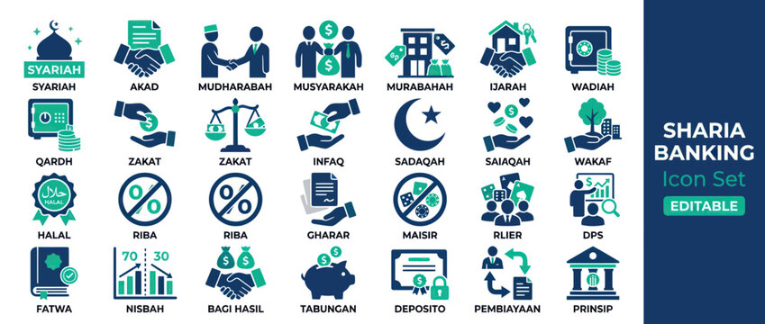 Sharia Banking Icon Set: Islamic Finance, Halal Business, Investment, Charity