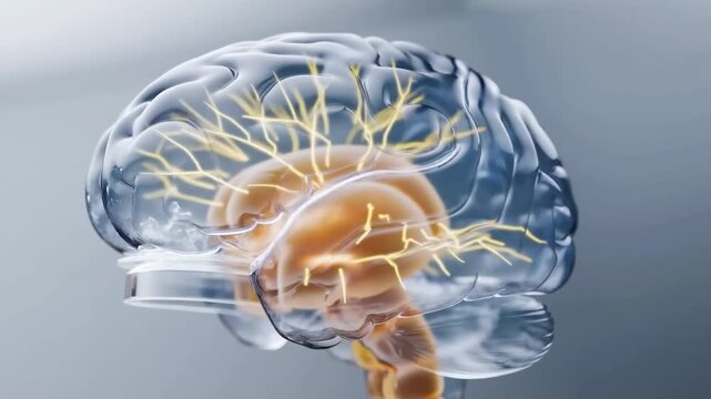 A detailed illustration of a human brain with visible neurons and spinal cord in a transparent skull.