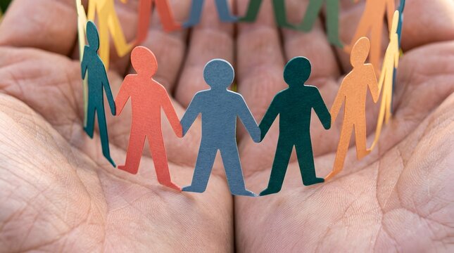 Social inclusion and equality representation showing protective hands sheltering diverse colorful paper figures in a circle of unity