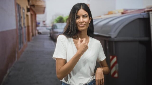 Woman touching chin with right hand beside a large gray dumpster on a narrow urban street lined with parked cars and building facades; contemplative.