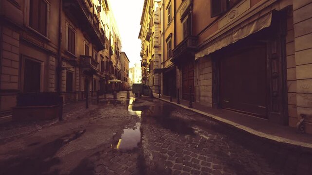 rainy narrow street with large puddles reflecting amber lamplight, cinematic mood amplified by wet cobbles and deep shadows, ideal for noir portrait setups