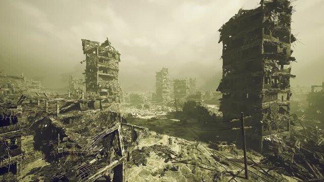 Vacant street with wreckage. Empty busy roadway littered with debris. Deserted thoroughfare strewn with shattered remains and abandoned vehicles