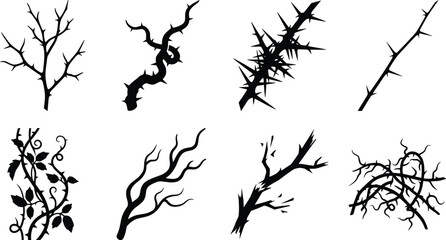 Obraz premium Dead Tree Branch and Thorny Vine Silhouette Collection Isolated Black Vector Nature Elements Set