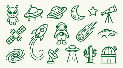 Collection of cartoon space icons including aliens, rockets, planets, and astronauts. © logan