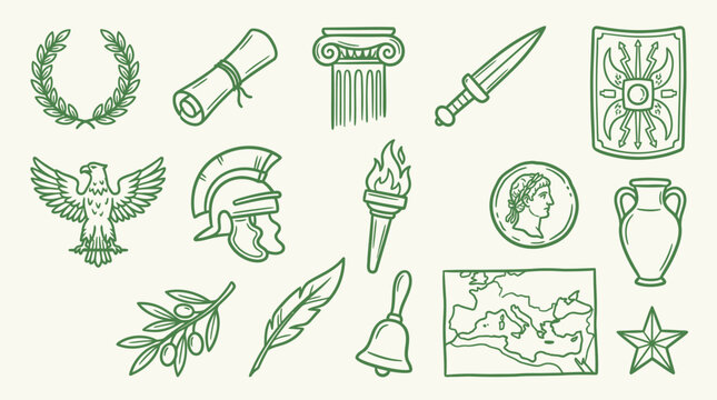 Collection of ancient Roman and Greek symbols and icons, including laurel wreath, scroll, column, sword, shield, eagle, helmet, torch, coin, amphora, olive branch, feather, bell, map, and star.