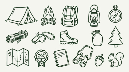 Collection of hand-drawn camping and hiking icons, perfect for outdoor adventure themes. © logan