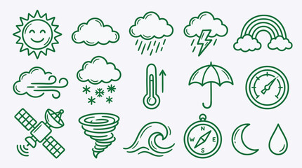 Obraz premium Collection of hand-drawn weather icons representing various meteorological phenomena and forecasting tools.