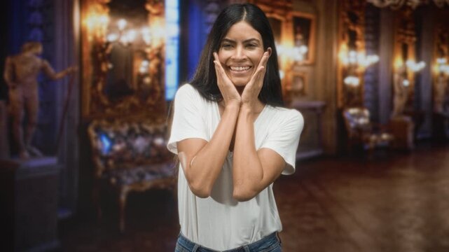 Woman smiling with hands cupping cheeks, wearing white t-shirt beside classical statue and gilt sofa in ornate building; delight.