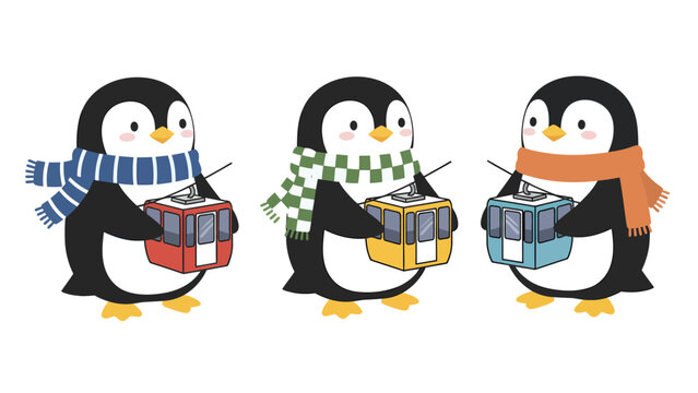 Three cute cartoon penguins wearing scarves and holding ski lift cabins.