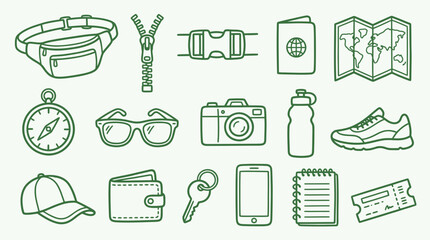 Fototapeta premium Collection of travel and adventure icons including a passport, map, camera, and compass.