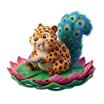 Cute leopard like character with peacock tail on lotus flower