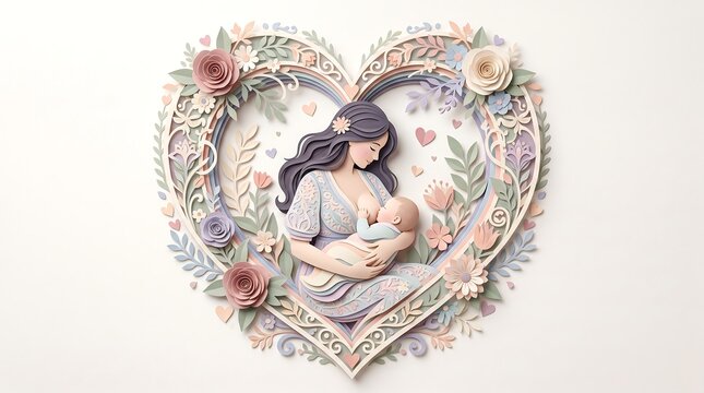 Intricate 3D paper cut style illustration of mother nursing infant inside floral heart frame with soft pastel colors and professional lighting