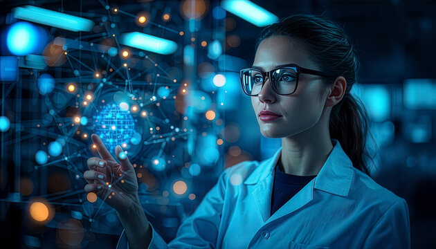Female scientist interacting with artificial intelligence holographic interface in laboratory environment, representing research, innovation, digital technology, and future science