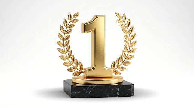 Gold first place trophy with detailed laurel wreath on black marble pedestal against clean bright white studio background for business awards