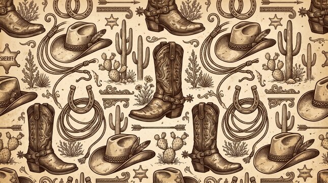 American pattern western cowboy boot hat lasso seamless vintage texture with american seamless traditional abstract