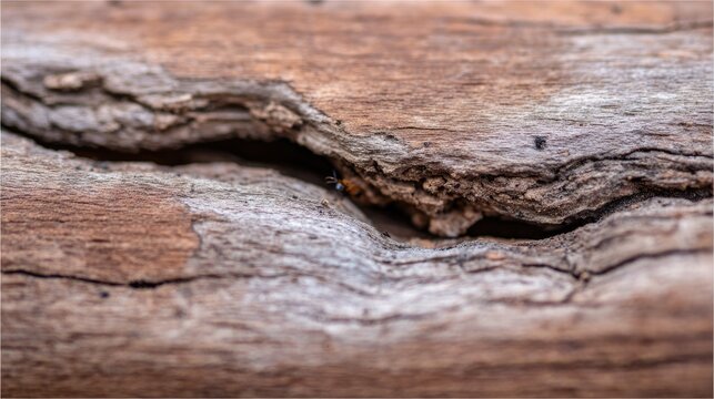 Macro detail of intricate tunnels inside a wooden beam, textured surface.