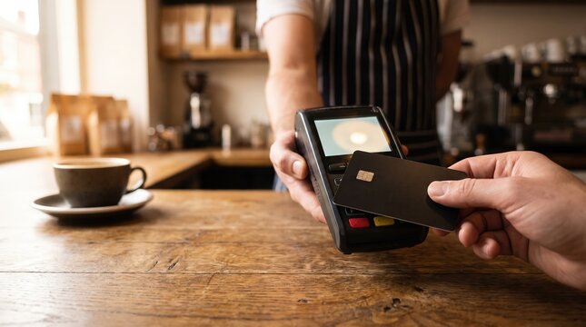 Contactless Payment with Credit Card on POS Terminal in Coffee Shop for Small Business Transaction and Retail Marketing