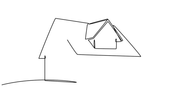 Continuous one-line animation video of a house view with a roof. house roof, real estate with moving lines animation video style