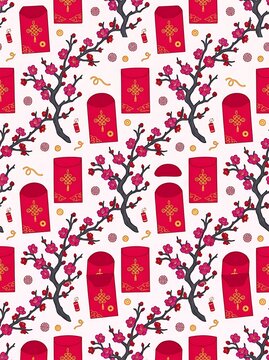 Seamless pattern of red envelopes and plum blossoms for lunar festival